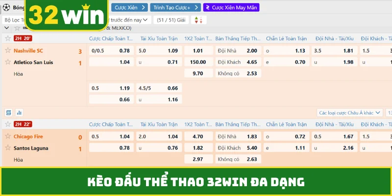 Kèo đấu thể thao 32WIN đa dạng